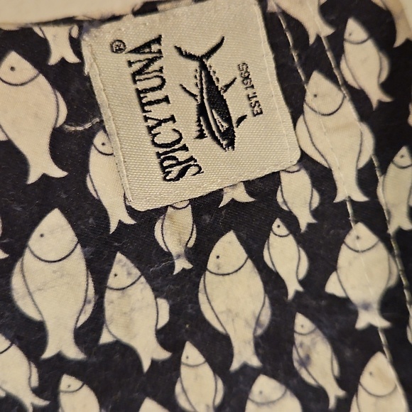 Spicy Tuna Navy Blue & White Swim Trunks with Fish & Mesh Liner Sz. Small Mens - Picture 2 of 7